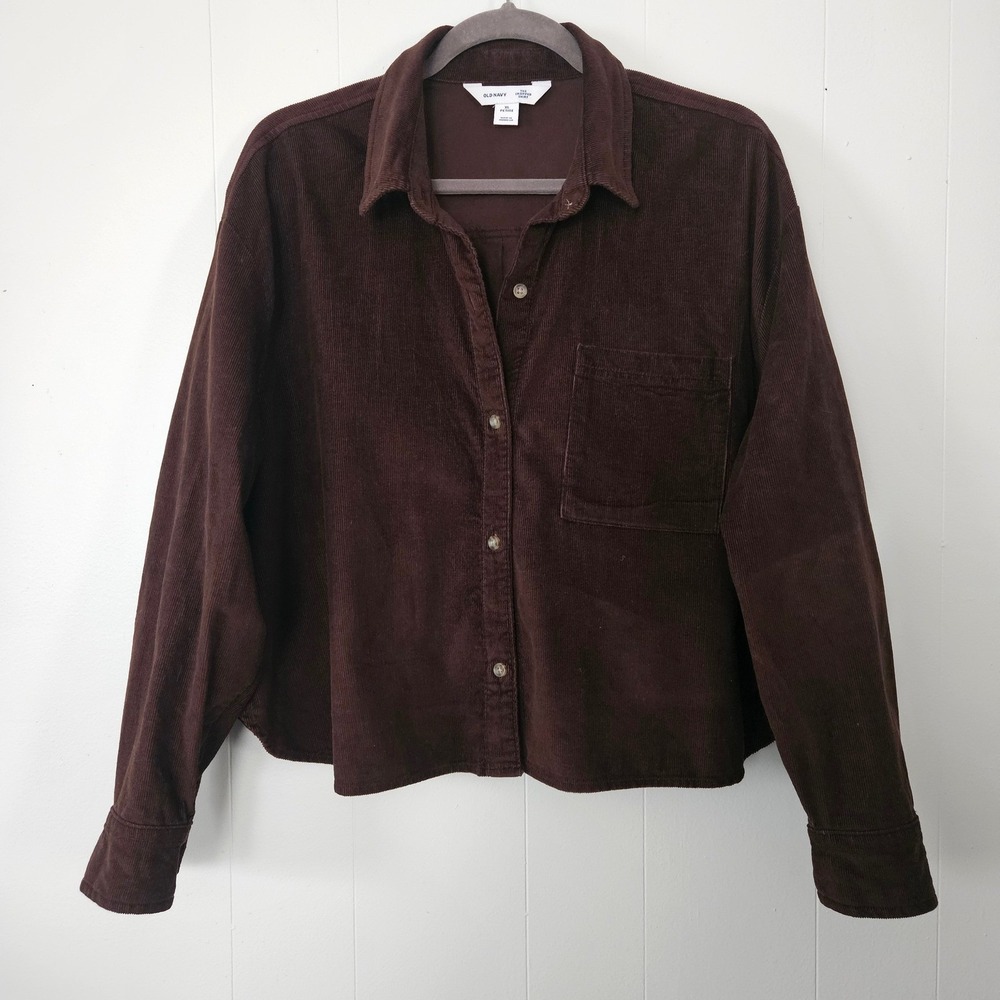 Corduroy Shirt Jacket Womens Button Up Brown Cotton Cropped Casual Size XL